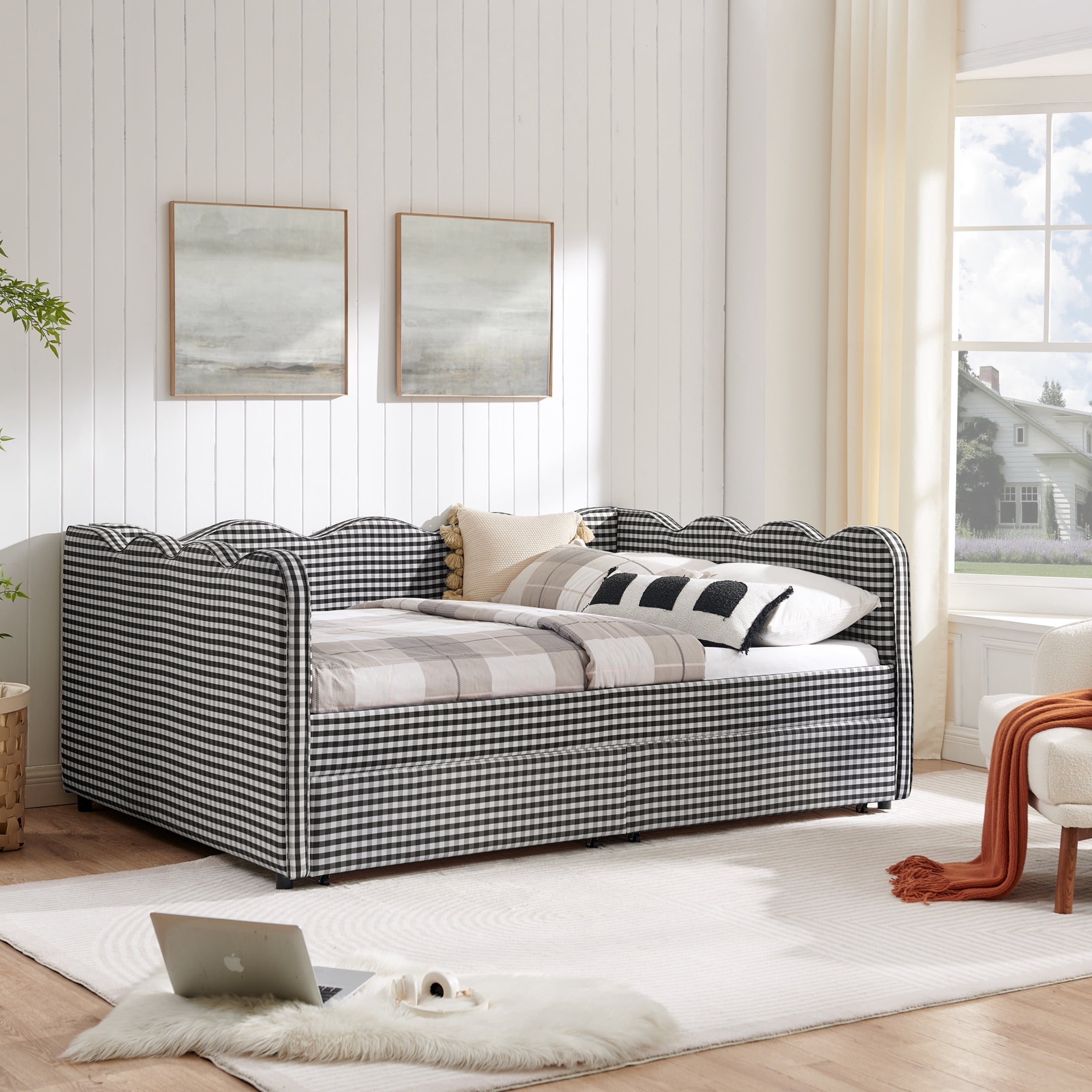 Noble House Corlan Full Size Waved Daybed, Cozy Gingham Linen Sofa Bed with Storage Drawers and Charging Port, Black