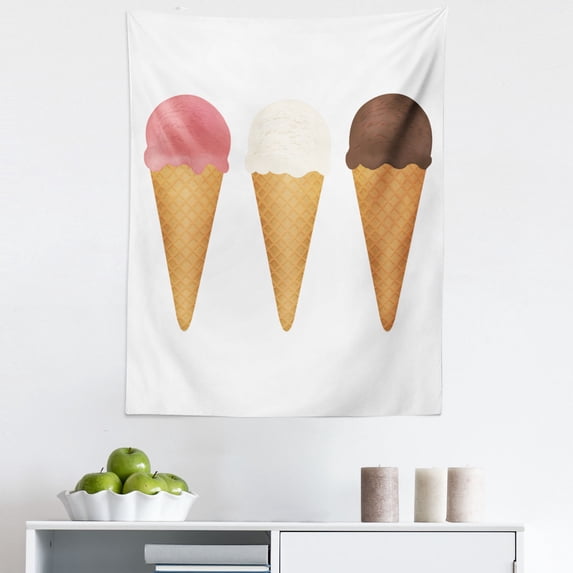 Ice Cream Cone Tapestry, Frozen Fruit Delicious Chocolate Flavor Summer Season Artwork, Fabric Wall Hanging Decor for Bedroom Living Room Dorm, 5 Sizes, White Sand Brown Brown, by Ambesonne