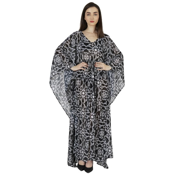 Moomaya Long Beach Sheer Kaftan Dress For Women Printed Beachwear V-Neck Swimsuit Resort wear Kimono Cover Up