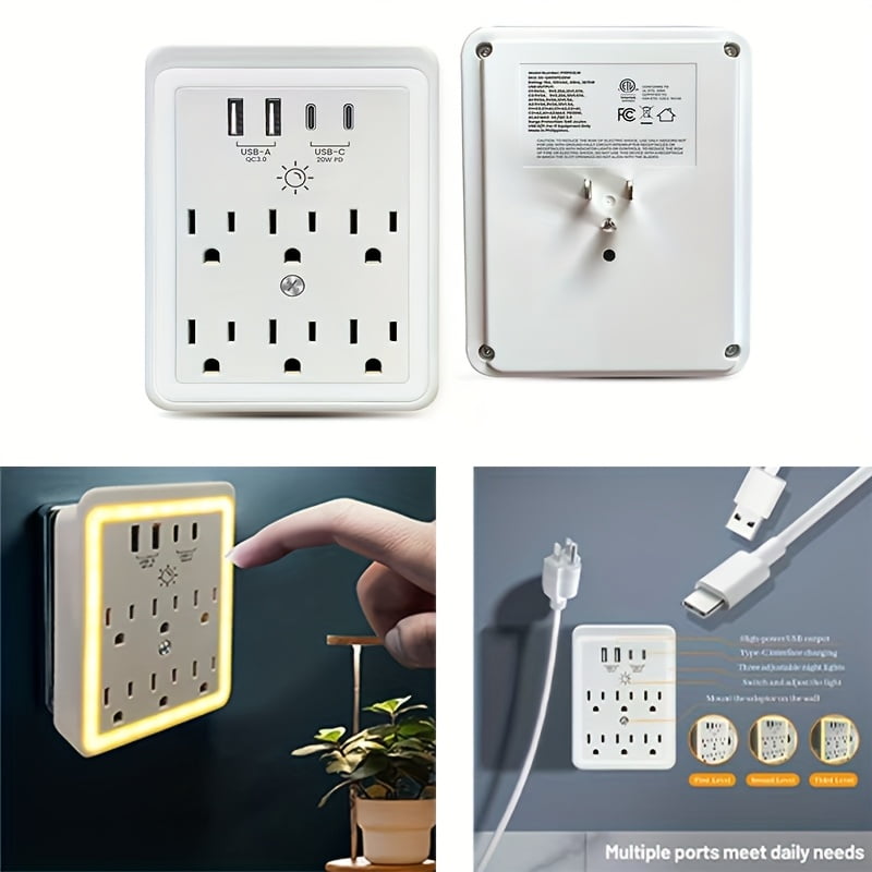 10-in-1 Power Strip: 6 AC Outlets, 4 USB Ports (2 USB-C, 2 USB-A) with PD20W Fast Charging, Surge Protector, Night Light & Phone Holder, Wall Mountable for Home, Bedroom, Kitchen