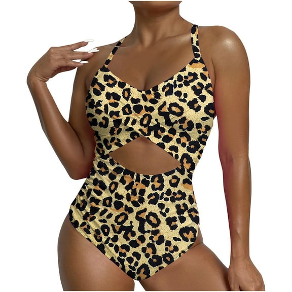Honeeladyy Women Front Cross Cutout One Piece Swimsuit Slim Fit Stretch Printed High Waisted Monokini Bathing Suit Black L