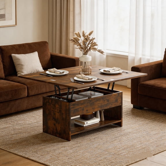 Manxile Rustic Brown Lift Top Coffee Table, 4 in 1 Multi-Function Convertible Coffee Table with Hidden Storage, Farmhouse Coffee Table for Living Room