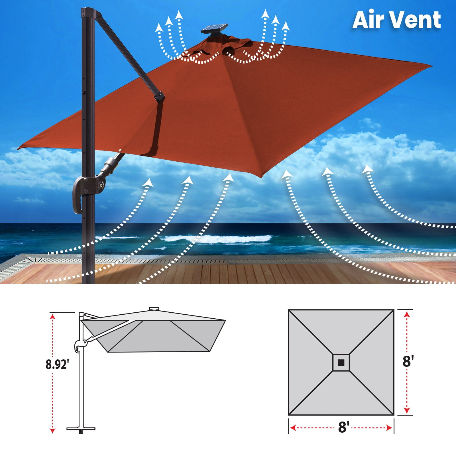 SUNRISEUMBRELLA Square Deluxe Hanging umbrella (8x8',Henna)