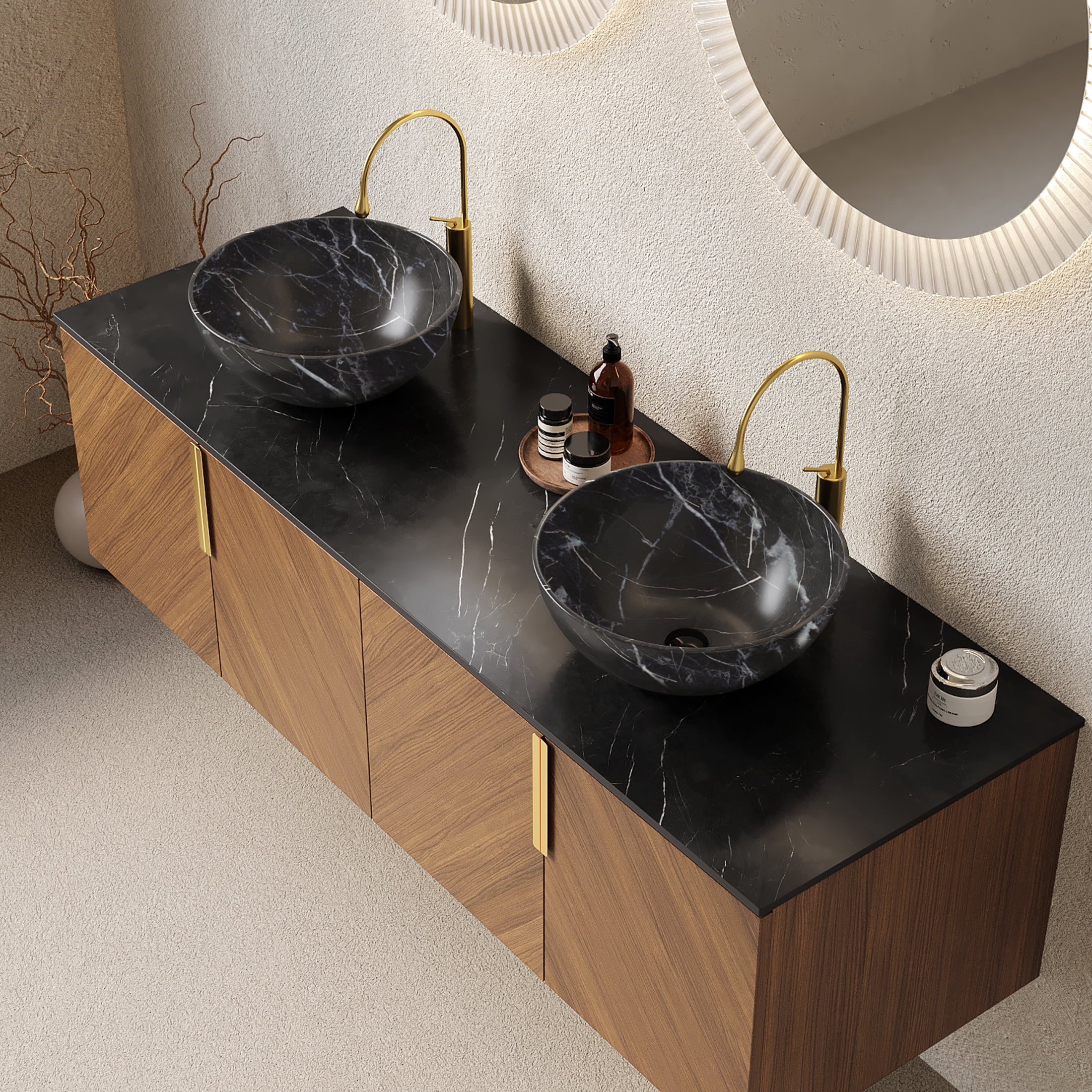 Noble House ARAI 60" Floating Double Bathroom Vanity, Sintered Stone Top Cabinet with Dual Black Bowl Sink, Oak