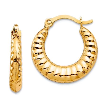 10k Yellow Gold Polished Hinged post Scalloped Hollow Hoop Earrings 15x15mm Wide 2mm Thick Hoop Earring for Women