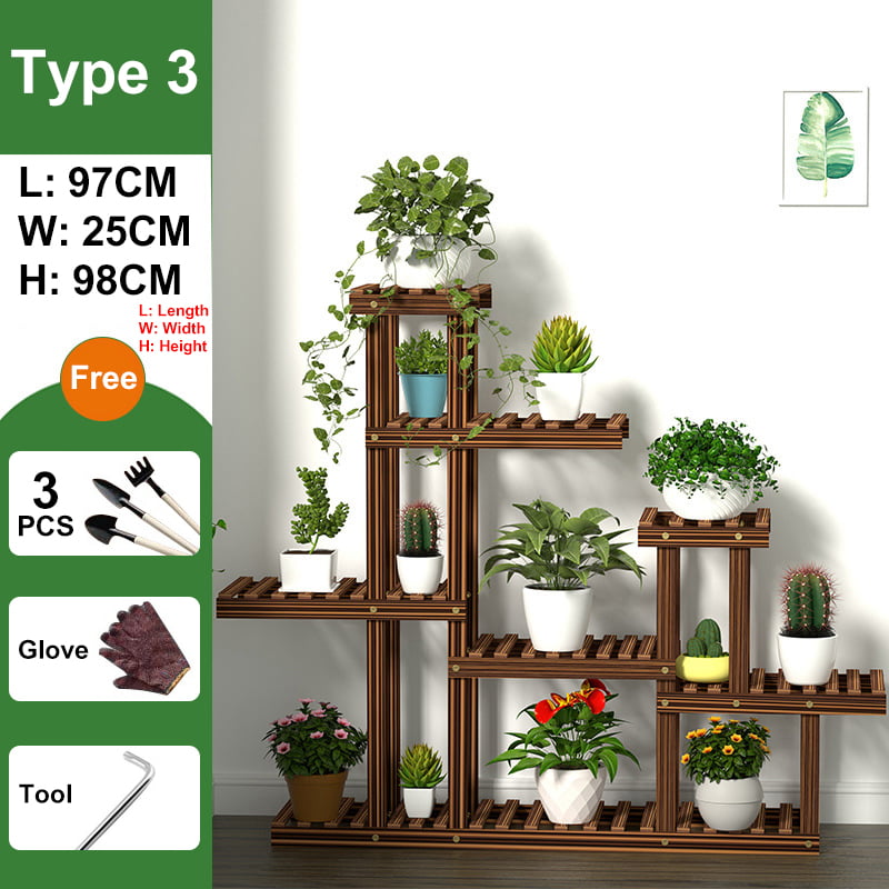4 Tiers Metal Flower Rack Plant Stand Wood Shelves Bonsai Display Shelf Indoor 