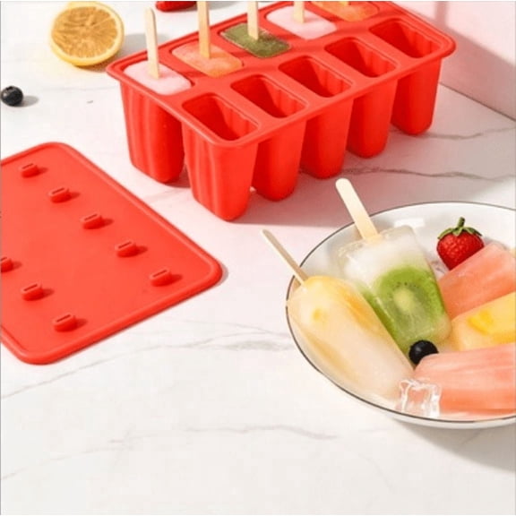 Homemade Popsicle Molds, 10-Cavity Non-BPA Silicone Ice Pop Maker,10 Reusable Sticks, Funnel, Brush(Red)