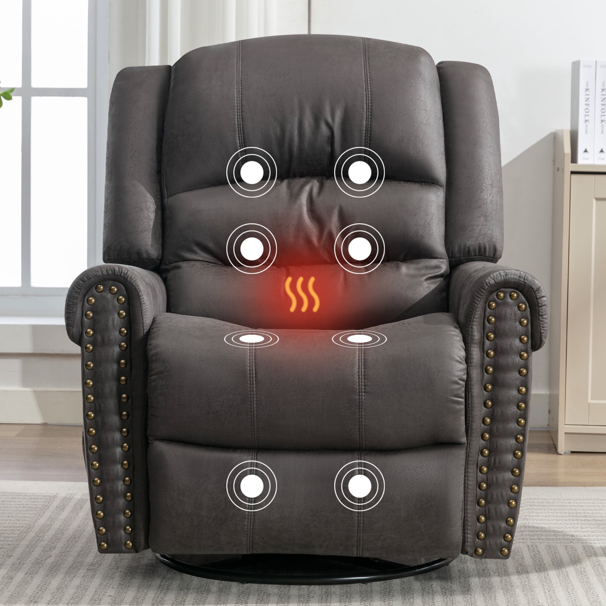 DEALTOPS Oversized Manual Recliner Heating massage Chair with USB Port and Rocking for Living Room, Leather, Gray