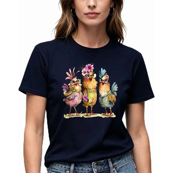 Funny Chicken T-Shirt for Women, White Graphic Tee with Cute Hens in Glasses, Colorful Novelty Print