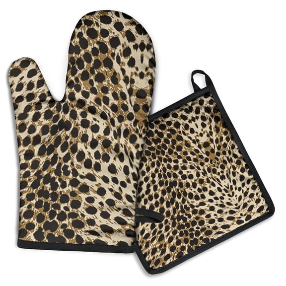 Brown and Black Leopard Print Kitchen Oven Mitt and Pot Holder Sets 2 Pcs for Baking, Cooking and Grilling, Heat Resistant Up To 392 °F