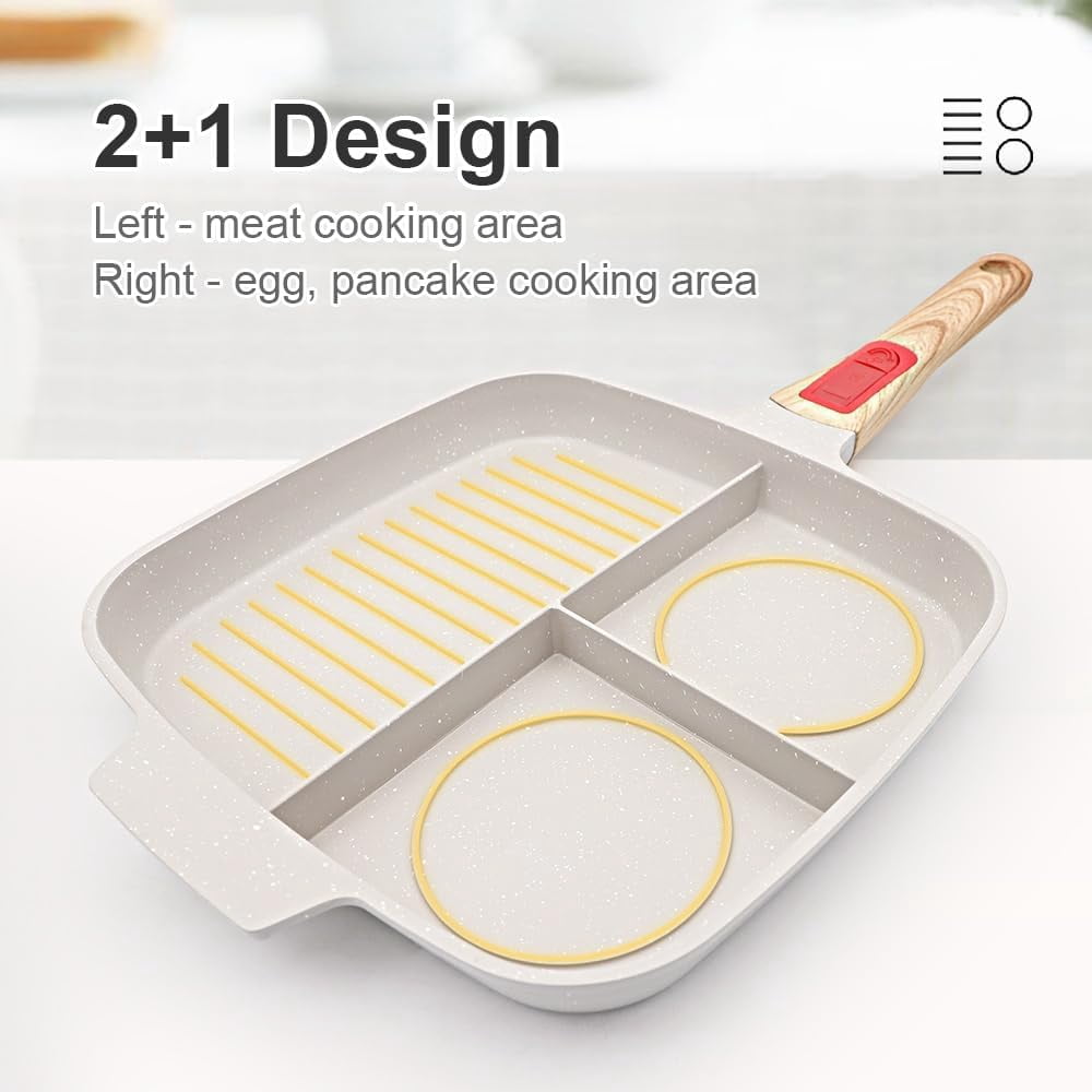 3 Section Nonstick Grill Pan with Detachable Handle, White Square Skillet for Stove Top Cooking