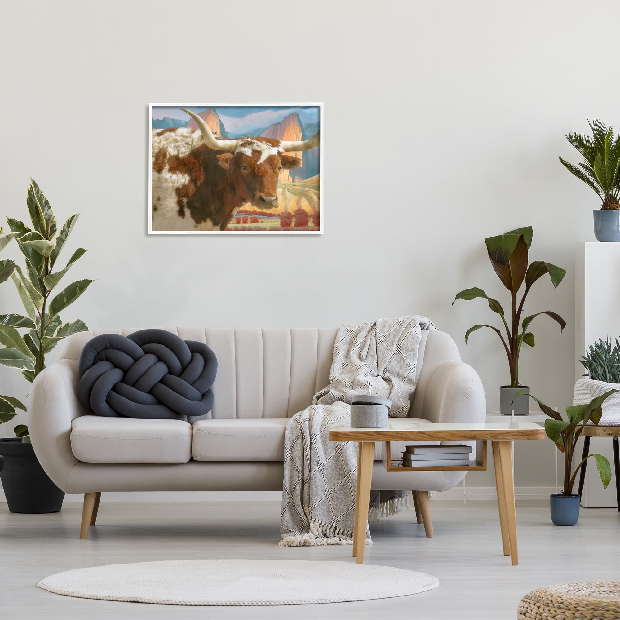 Stupell Longhorn Cattle Farm Landscape Animals & Insects Painting White Framed Art Print Wall Art