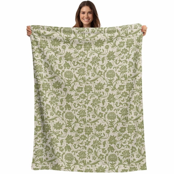 Green Floral Blanket Soft Cozy Warm Throw Blanket for Couch, Plush Fuzzy Flannel Fleece Blankets for Sofa, Vintage Rustic Botanical Spring Bed Blankets Lightweight Gifts for Women, 32"x48"