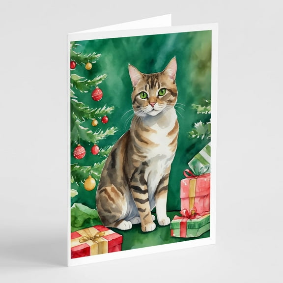Carolines Treasures DAC7201GCA7P 5 x 7 in. California Spangled Cat by the Christmas Tree Greeting Cards - Pack of 8