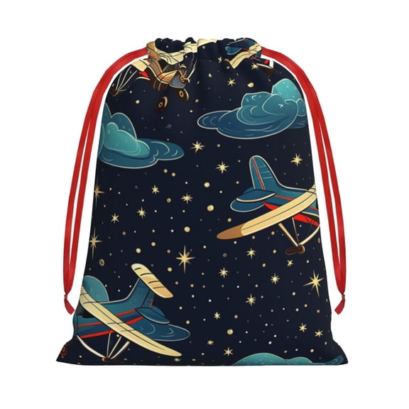 Airplane Retro Old Fashioned Stars Drawstring Gift Bag Soft Pouch Reusable Favor Bags for Christmas, Halloween, Candy, Wedding, Birthday