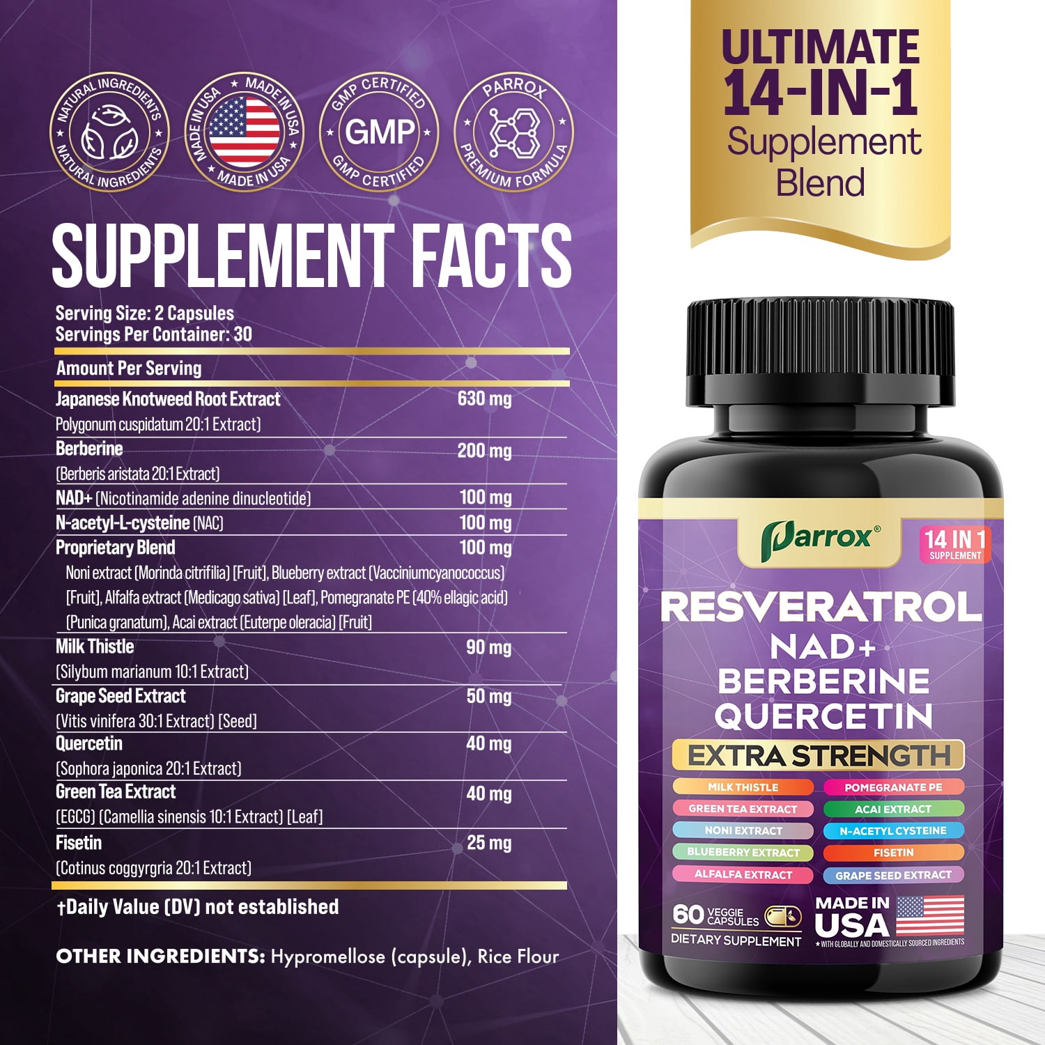 Resveratrol Supplement with Milk Thistle, NAD, Berberine, Quercetin, Fisetin, Pomegranate, Green Tea, Noni, Acai, Blueberry, Grape Seed Extracts, N-Acetyl Cysteine, 14-in-1 Extra Strength (60 Caps)