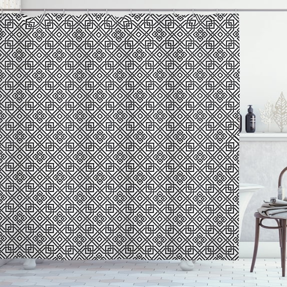 Celtic Shower Curtain, Illustration of Celtic Interlaced Pattern Traditional Everlasting Knot Motif, Fabric Bathroom Set with Hooks, 69W X 70L Inches, Black and White, by Ambesonne