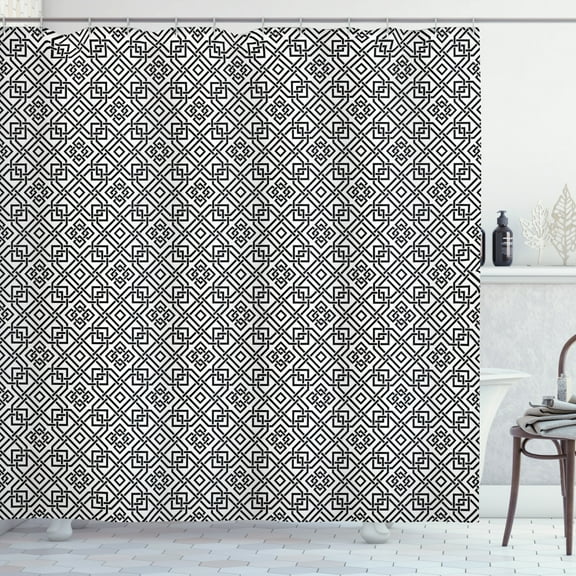 Celtic Shower Curtain, Illustration of Celtic Interlaced Pattern Traditional Everlasting Knot Motif, Fabric Bathroom Set with Hooks, 69W X 75L Inches Long, Black and White, by Ambesonne