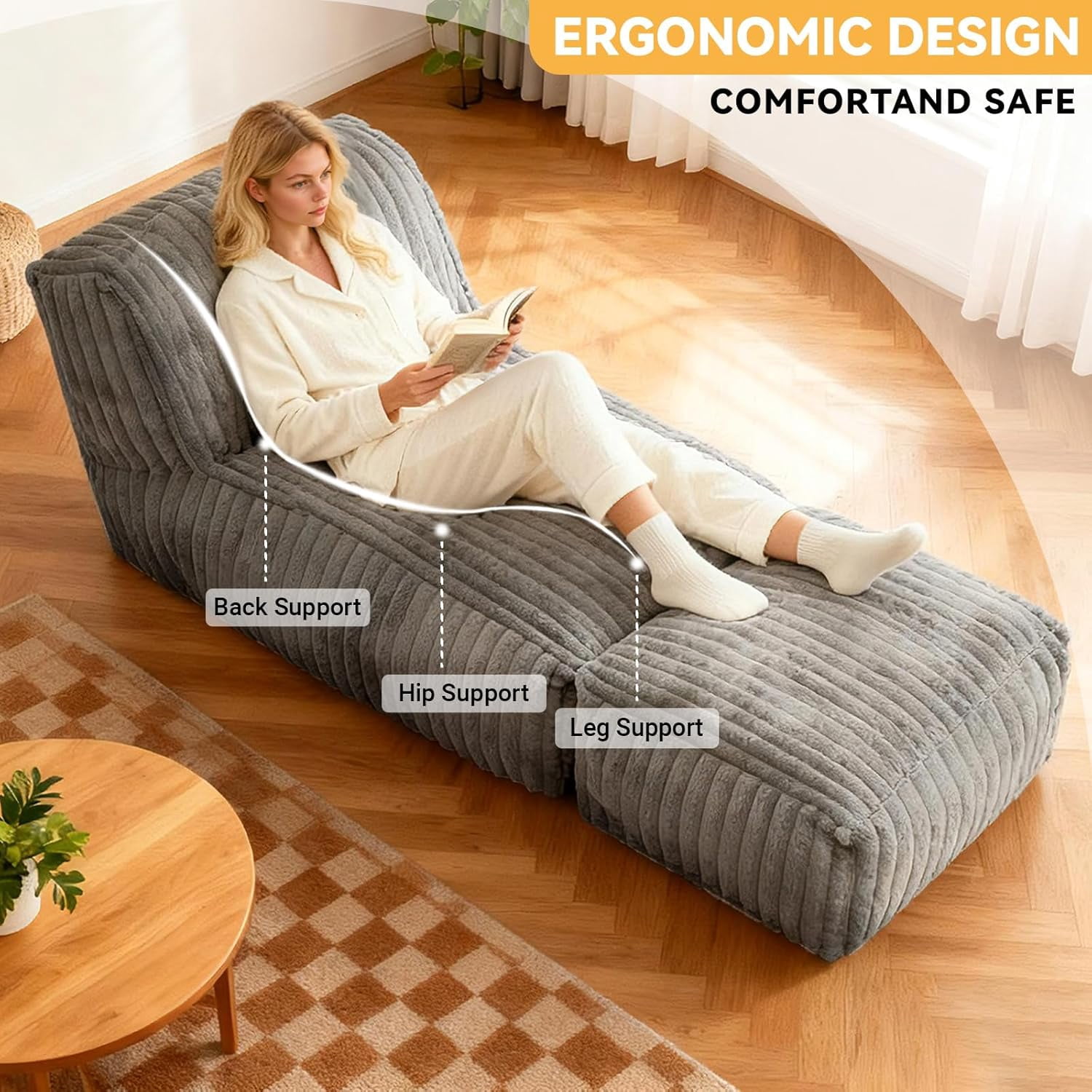 UZUGUL Giant Bean Bag Chair with Memory Foam Filled, Corduroy Lounge Sofa Chair for Bedroom Living Room, Light Grey