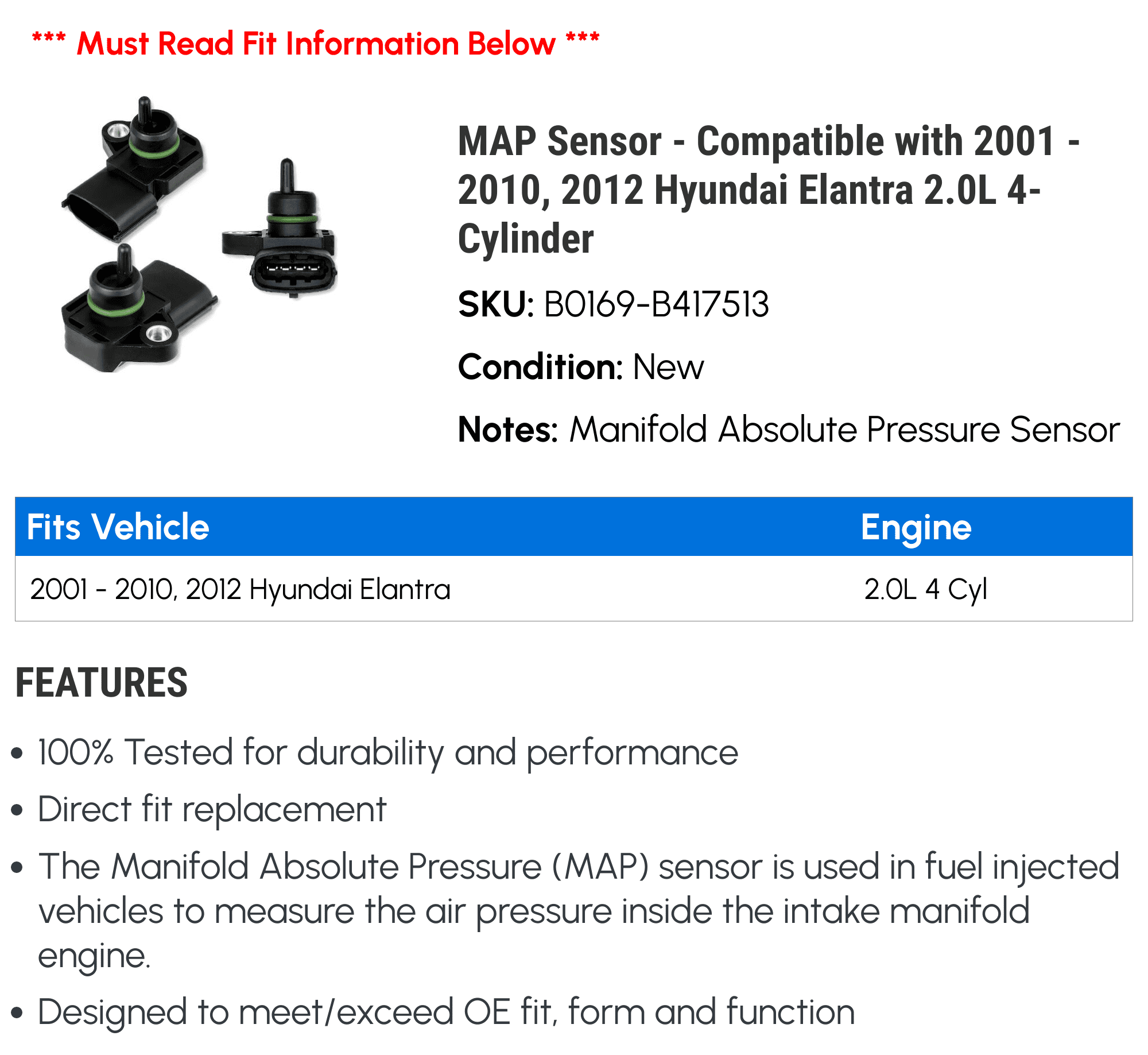 MAP Sensor - Compatible with 2001 - 2010, 2012 Hyundai Elantra 2.0L 4-Cylinder 2002 2003 2004 2005 2006 2007 2008 2009