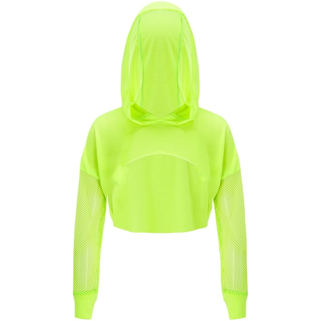 iixpin Filles Enfants Chandail à Capuchon Court en Maille Transparente à Manches Longues Hauts Courts de Danse Chandail en Résille à Capuchon Vert Fluorescent 6