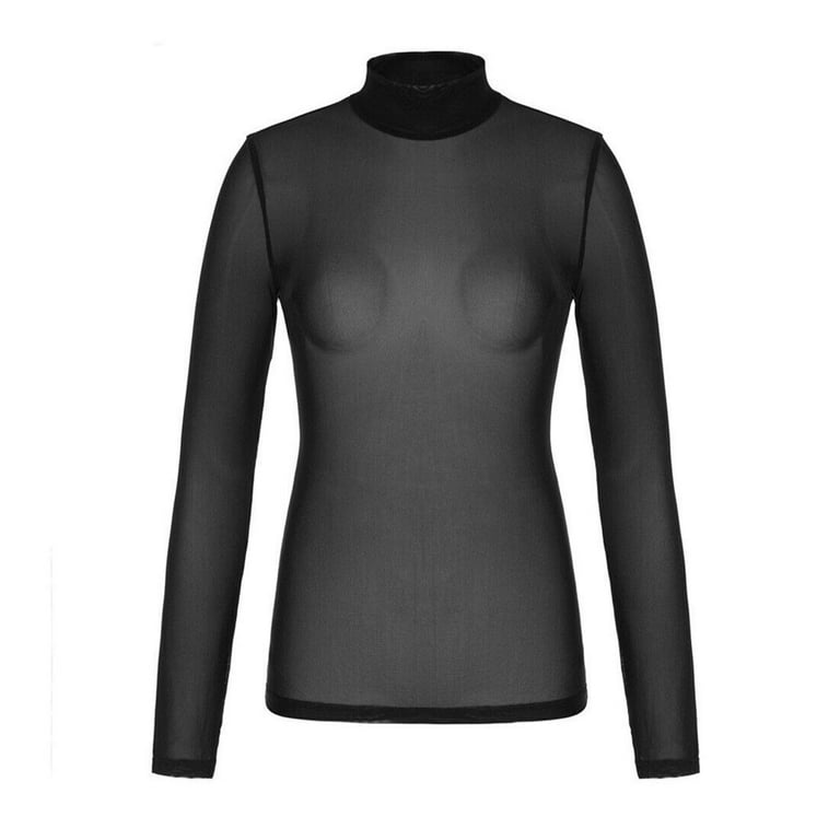 SheIn Women's Sheer Mesh Mock Neck Tees Top Long Sleeve Solid T Shirt,  Black, X-Large : : Clothing, Shoes & Accessories