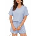 thumbnail image 2 of MOYIKO Women 2 Piece Short Sets V Neck Texture Casual Summer Sweatsuit with Pocket Matching Lounge Sets, 2 of 7