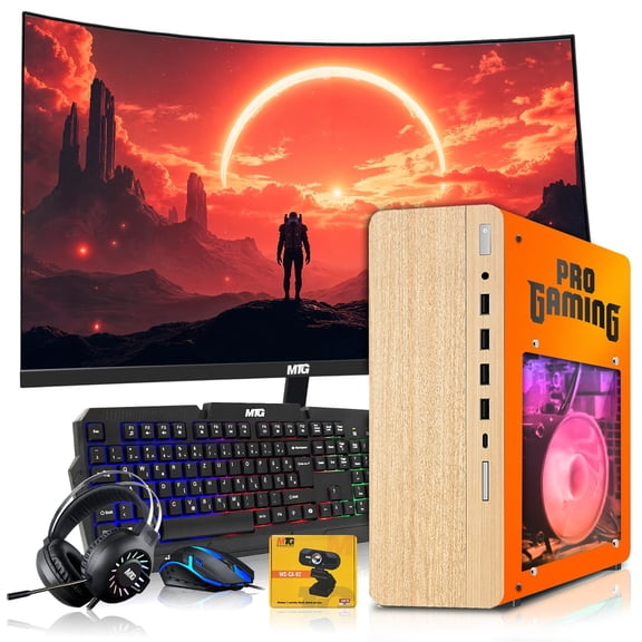 Restored HP Full Light Gaming PC Desktop Computer Phoenix AMD A10-9700, RX 550, 16GB RAM, 512GB SSD, 24 Inch Curved Monitor, RGB KBM with AI Copilot, WiFi, RGB Headphone, Webcam, Windows 11