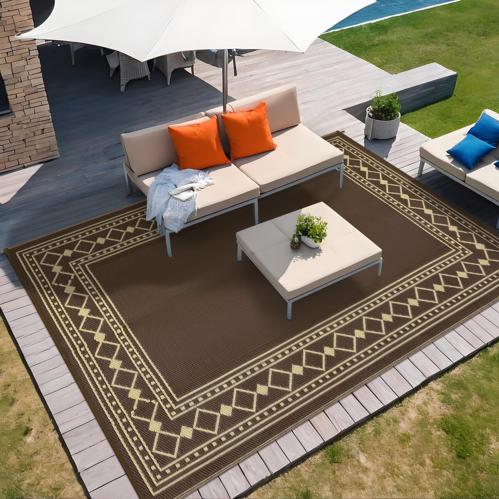 Outdoor Rug 8x10 Plastic Straw Rug Waterproof Patio Rug,Reversible Rug,Foldable Lightweight Outdoor Carpet with Storage Bag,4 Stakes,Outdoor Mat Reversible Camping Carpet Camping Mat for Deck,Garden