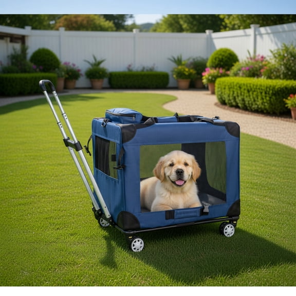 Pefilos 2-in-1 Rolling & Foldable 24" Travel Dog Crate for Medium to Large Dogs, 3-Door Soft-Sided Pet Carrier with 360° Wheels, Removable Bed & Washable Covers, Blue