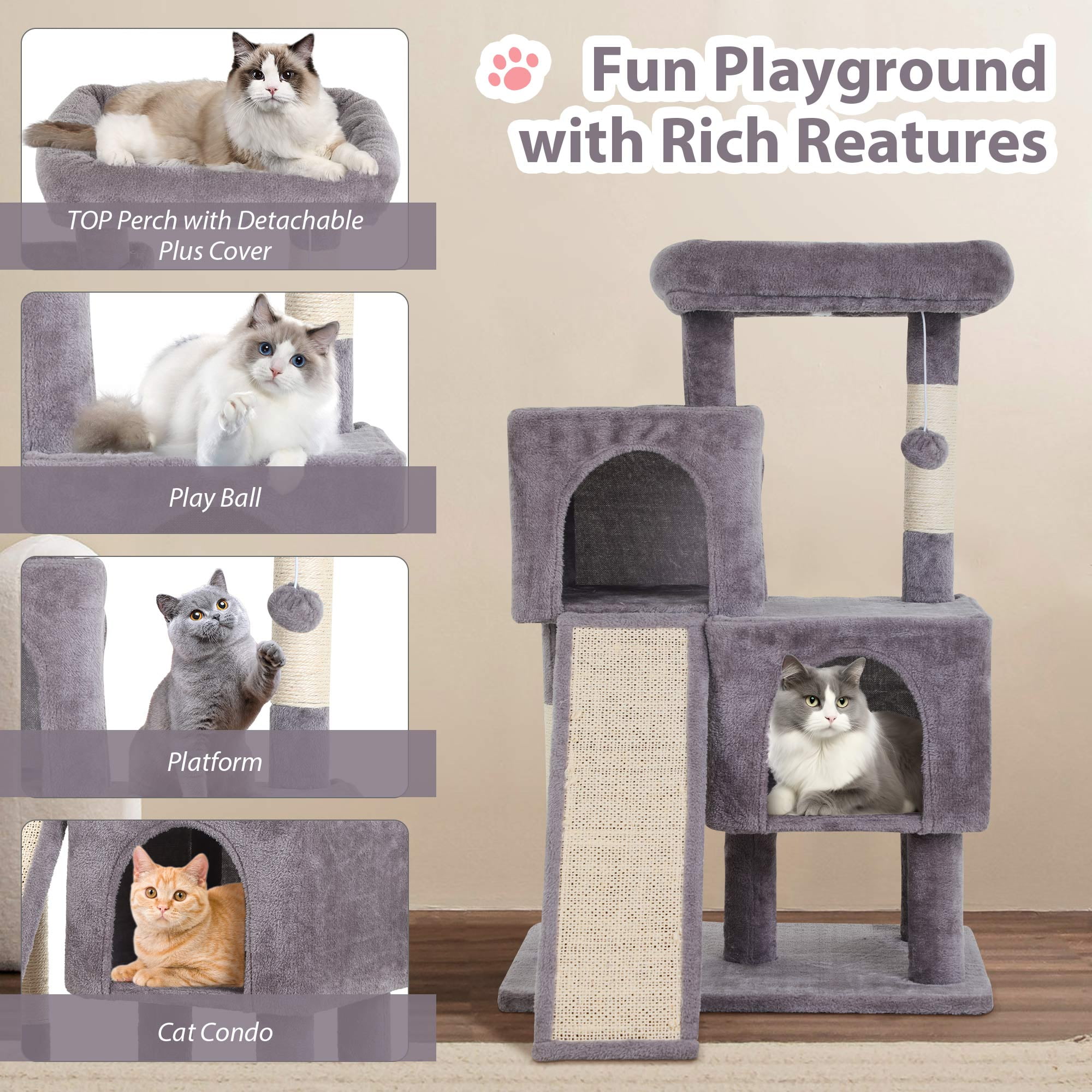 CL.HPAHKL Modern Small Cat Tree Tower with Dual Condos, 36 Inches Cat Tower with Scratching Post Multi-Level Cat Furniture Condo with Ramp for Indoor Cats Cat Cave Beds for Kittens, Ashy