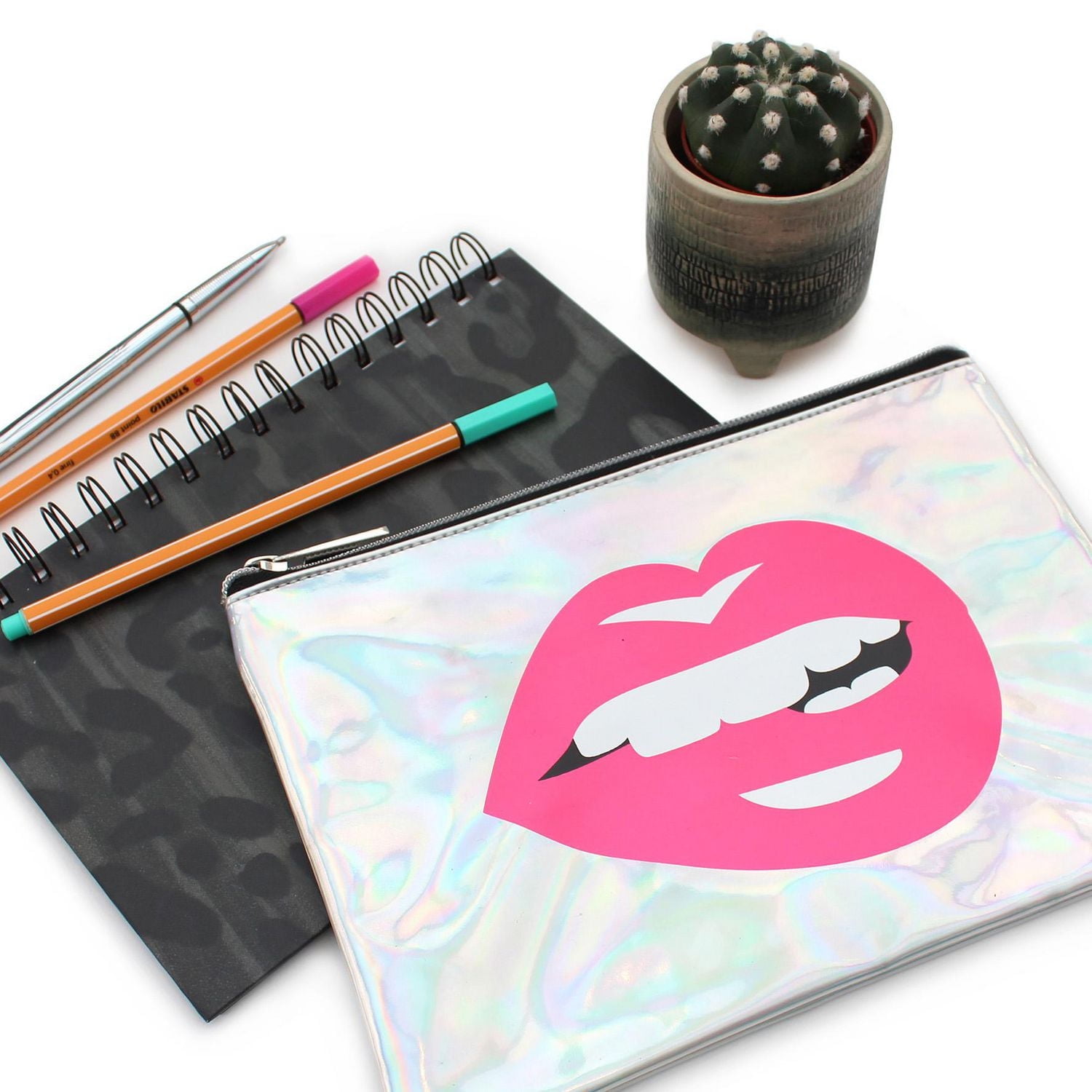 Pen+Gear Metallic Icon Pencil Pouch with Bold Lips Design and Silver Zip