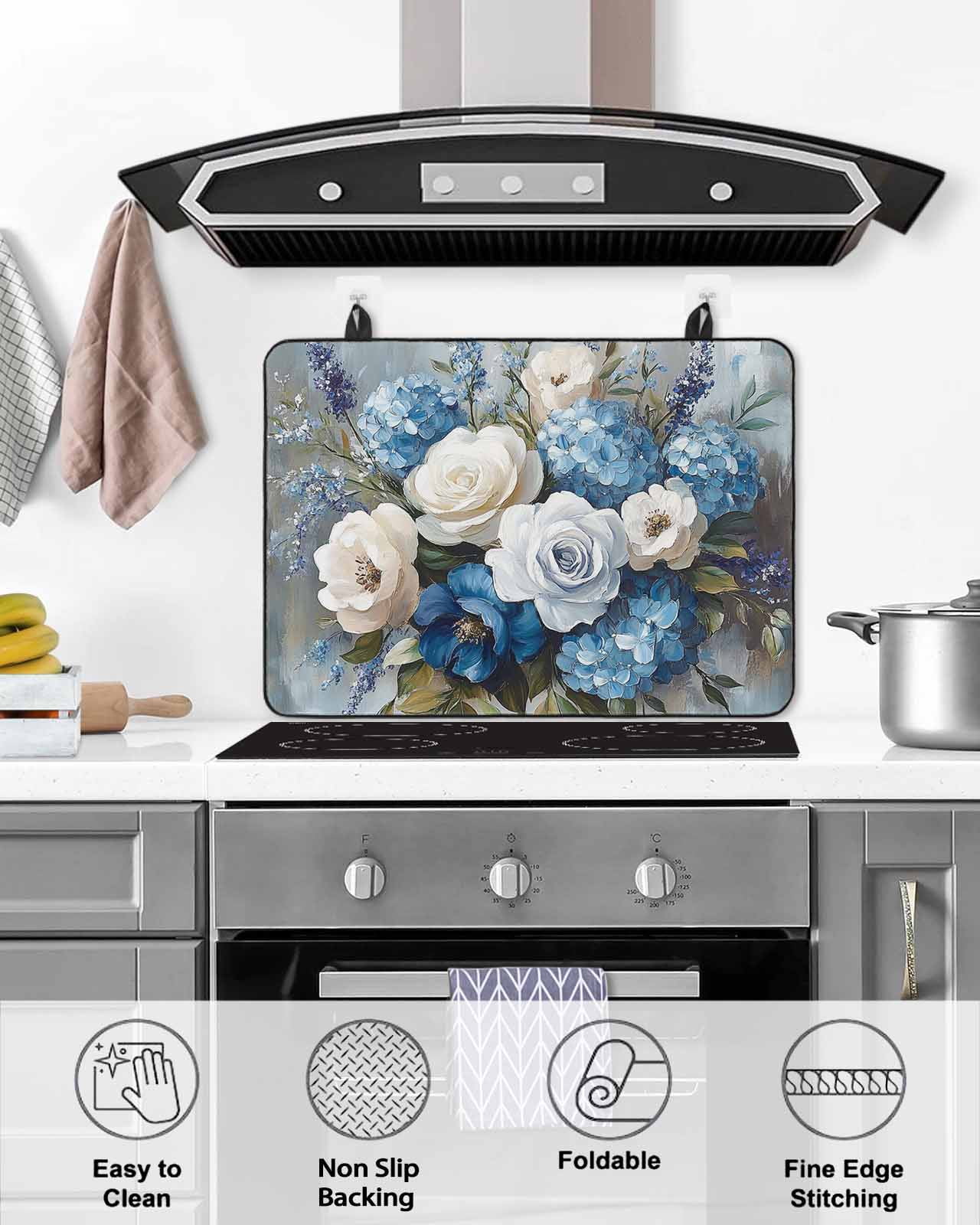 nqOlkjepod Large Induction Cooktop Protector Mat 24"x21", White Blue Spring Floral Stove Top Covers for Electric Stove, Pastoral Flowers Retro Stove Burner Cover Mats, Glass Top Stove Cover