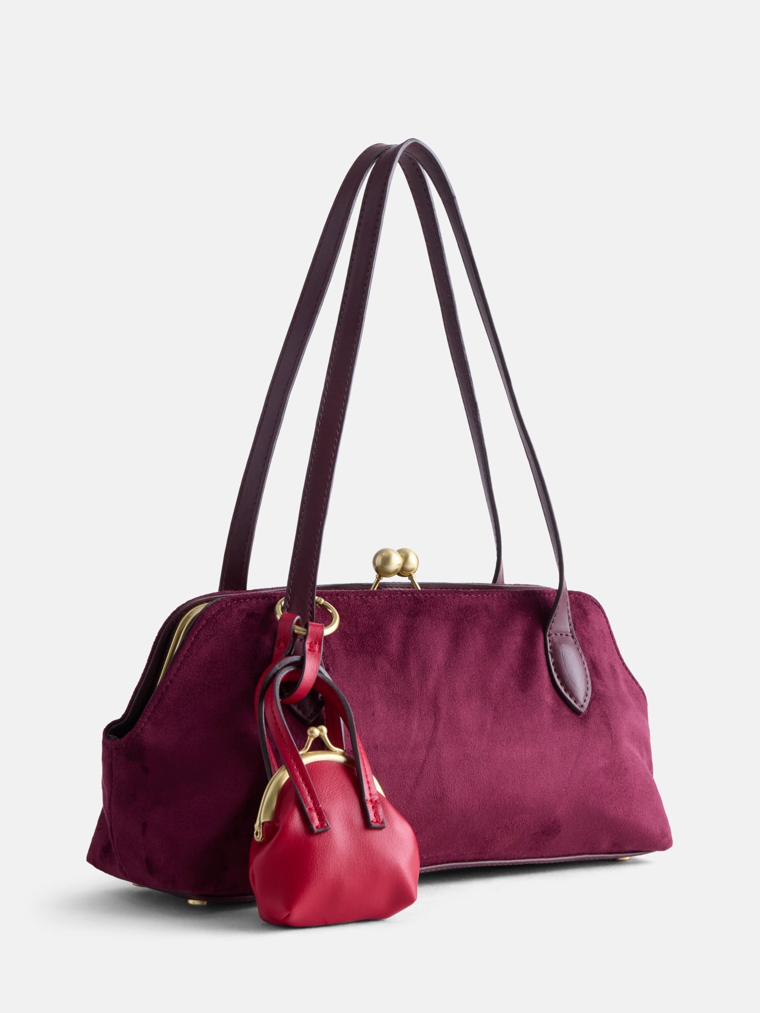 Free Assembly Women's Faux Suede Shoulder Bag with Mini Bag Charm, Deep Chianti