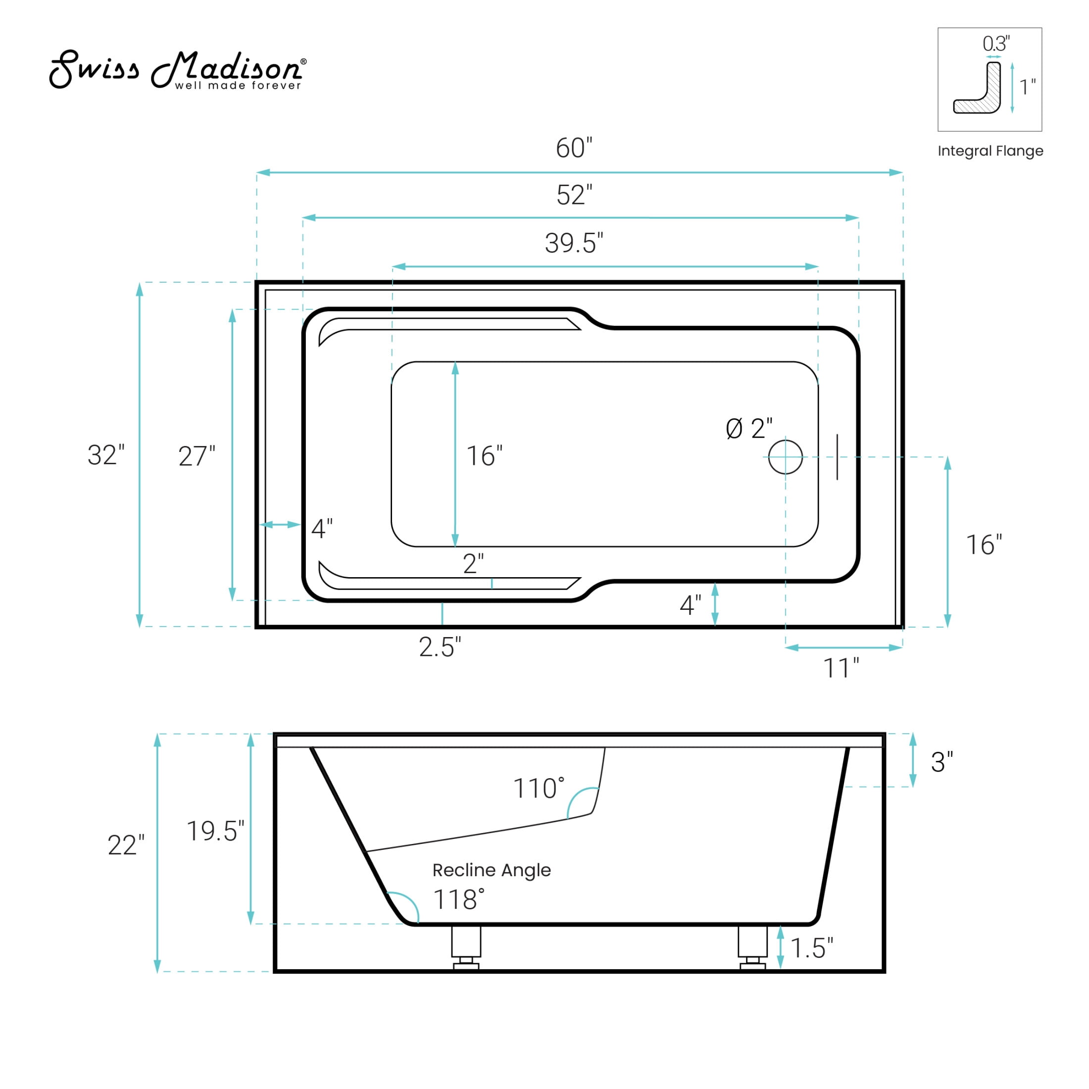 Voltaire 60 x 32 Skirted Right Drain Soaking Apron Bathtub in Glossy White with Integrated Overflow and Armrest, Drain Included