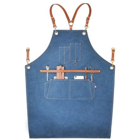 

Fashion Unisex Denim Apron for Chef Kitchen BBQ Adjustable Strip Pockets Cooking Aprons Coffee Shop Hairdresser Overalls