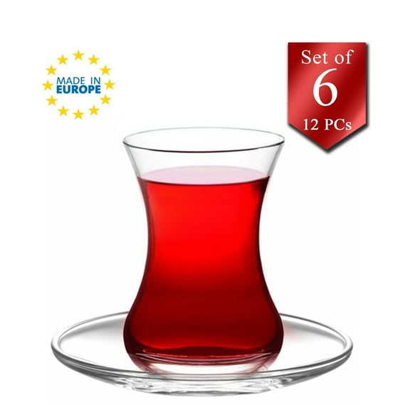 LAV Authentic Turkish Tea Glasses with Saucers 12 Pcs, Traditional Clear Teacups and Plates Set of 6, 4.5 oz