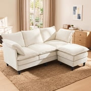 Dioepic 69"3-Seat Sofa with Movable Ottoman, Beige Chenille Cloud Couch with Dual-Layer Cushion, Small Space Sectional for Living Room
