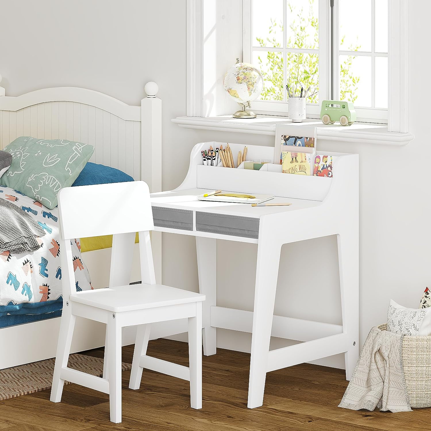 Utex Kids Study Desk with Storage Bins Activity Table and Chair Set, White