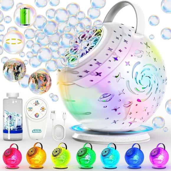 Machine à Bulles Rechargeable - Rotation Automatique de 90°/360°, Télécommande et Lumière DEL RVB 7 Couleurs, Jouets pour Faire des Bulles f
