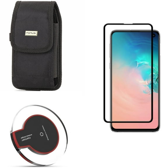 Galaxy S10e Screen Protector w Wireless Charger w Case Belt Clip - Tempered Glass 5D Curved Edge, Fast 7.5W and 10W Charging Pad, Rugged Holster Canvas for Samsung Galaxy S10e Phone
