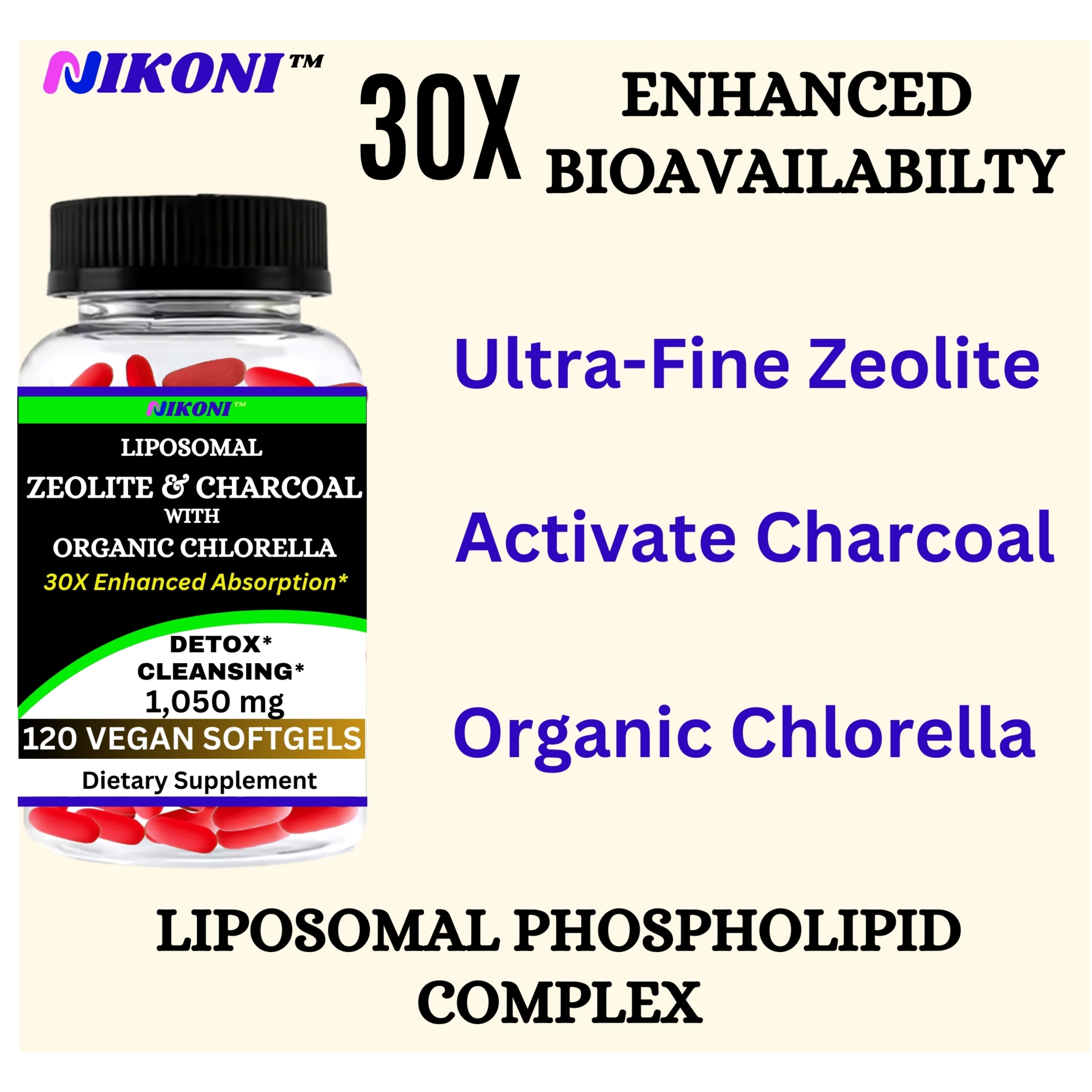 Nikoni Liposomal Clinoptilolite Zeolite, Charcoal and Organic Chlorella Supports Detox 120 Vegan Softgels