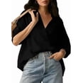 thumbnail image 2 of Women Dressy Casual Blouse Business Short Sleeve Collared Tops Placket V Neck Work Shirt black XXL, 2 of 8