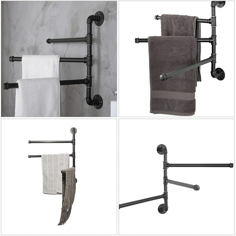 Black Wall-Mounted Industrial Pipe, 3-Arm Swivel Towel Bar Rack