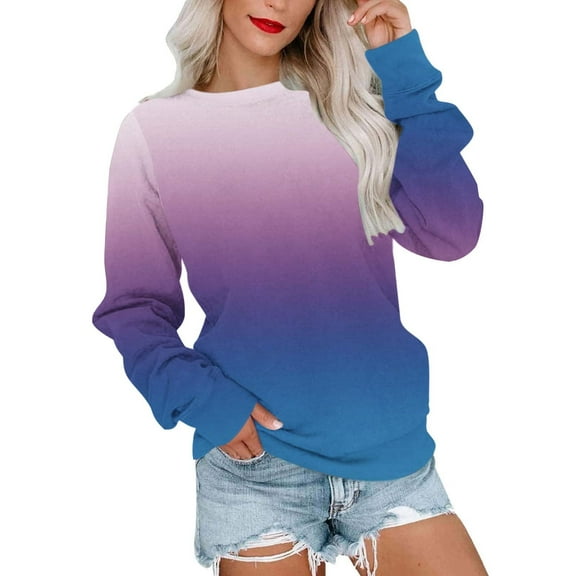 VANLOFE Women's Long Sleeve Sweatshirt Women's Gradient Crewneck Sweatshirt Trendy Warm Sweatshirt for Women Dark Blue Sweatshirt L