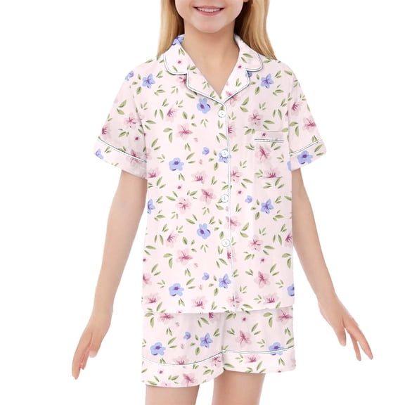 BOOMNY Girls 2 Peice Pajamas Sets Floral Graphic Short Sleeve Buttons Sleepwear Tops Shorts Pjs Set for Kids Cozy Loungewear Homewear