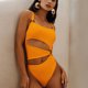 thumbnail image 2 of Traje de baño de 1 pieza para mujer, cuello cuadrado, correa fina recortada, calzoncillos de cintura alta, almohadilla de sujetador extraíble, traje de baño elástico amarillo L, 2 of 5