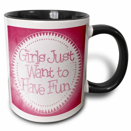 

3dRose Pink On White Girls Just Want To Have Fun Word Art - Two Tone Black Mug 11-ounce