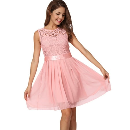 Elegant Casual Dress Summer Chiffon Lace Dress Female Sleeveless Casual Plus Size Summer Dress Women Solid Elegant Princess Dress ()