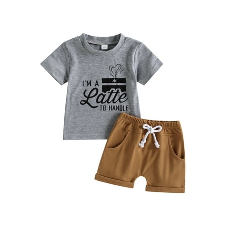 

CenturyX Toddler Baby Boys Summer Outfit Sets Gray Short Sleeve Letter Print Tops T shirt Solid Color Shorts 2pcs Suit Clothes